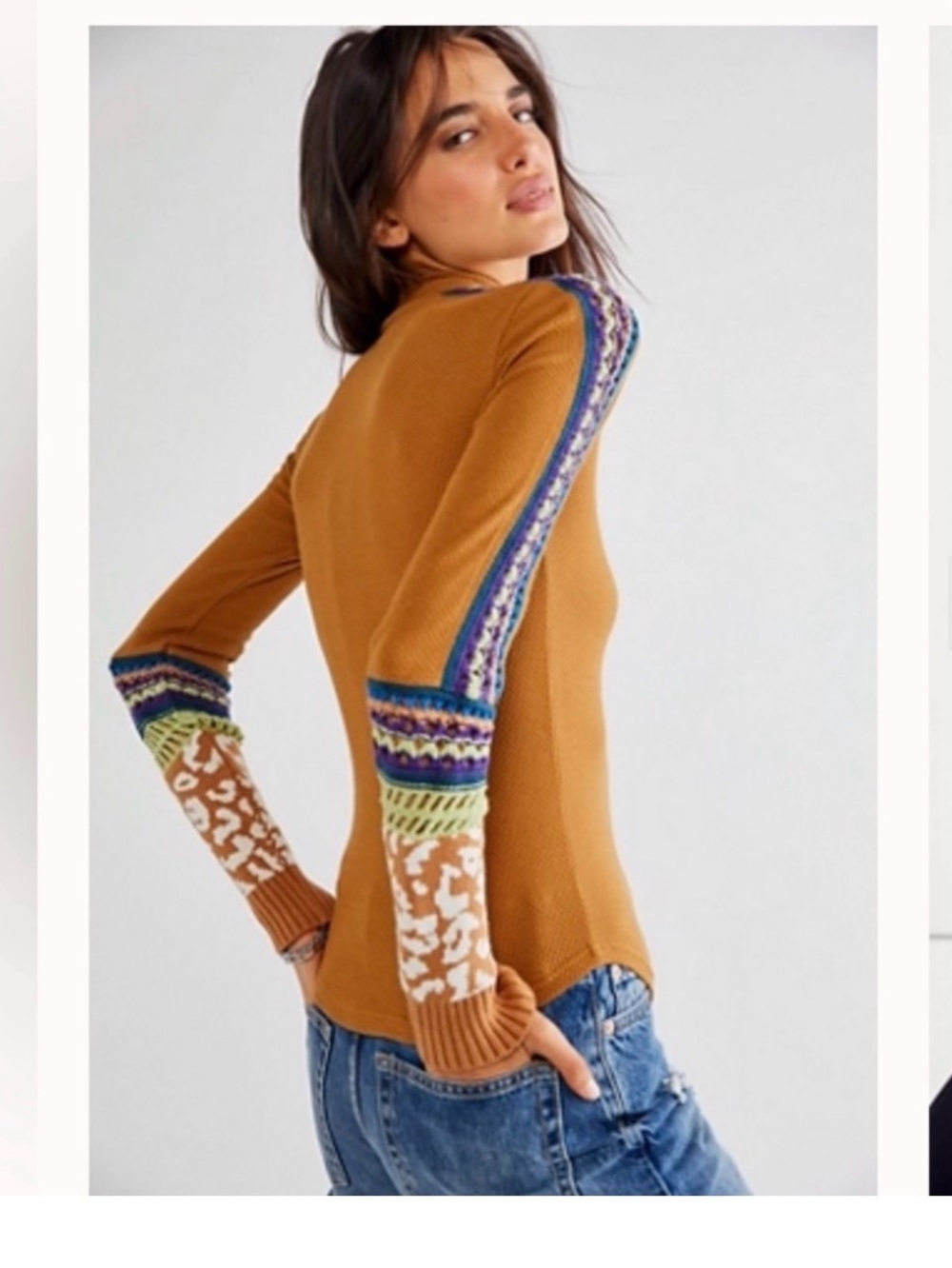 NWT Free People Switch It Up Crochet Knit Sleeve Thermal Waffle Top M